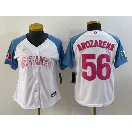 Women's Mexico Baseball #56 Randy Arozarena 2023 White Blue World Baseball Classic Stitched Jersey(Run Small)