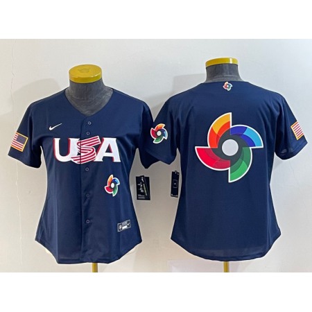 Women's USA Baseball 2023 Navy Big Logo With Patch World Baseball Classic Stitched Jersey(Run Small)