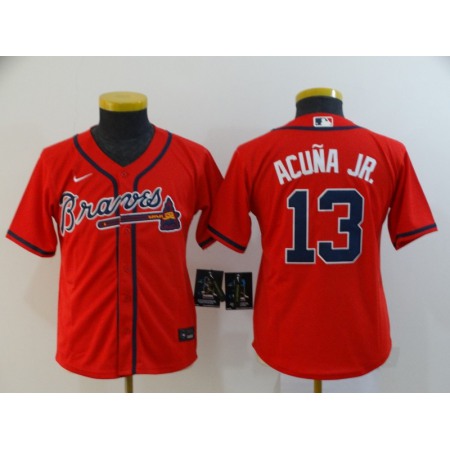 Youth Atlanta Braves #13 Ronald Acuna Jr Red Cool Base Stitched Youth MLB Jersey