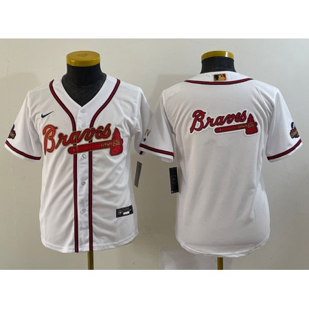 Youth Atlanta Braves Team Big Logo 2022 White Gold World Series Champions Program Stitched Jersey