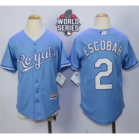 Royals #2 Alcides Escobar Light Blue Alternate 1 Cool Base W/2015 World Series Patch Stitched Youth MLB Jersey