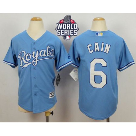 Royals #6 Lorenzo Cain Blue Cool Base Alternate 1 W/2015 World Series Patch Stitched Youth MLB Jersey