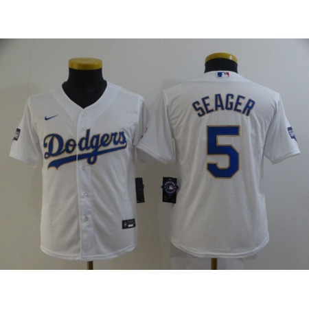 Youth Los Angeles Dodgers #5 Corey Seager White Gold Championship Cool Base Stitched Jersey