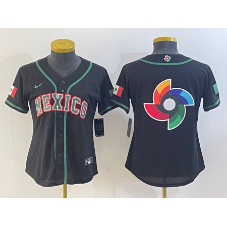 Youth Mexico Baseball Blank 2023 Black World Baseball Classic Big Logo in Back Stitched Jersey