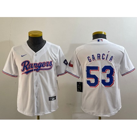 Youth Texas Rangers #53 Adolis Garcia White With Patch Stitched Baseball Jersey