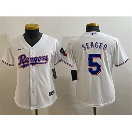 Youth Texas Rangers #5 Corey Seager White With Patch Stitched Baseball Jersey
