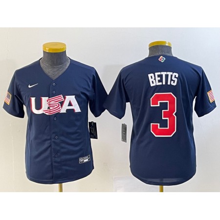 Youth USA Baseball #3 Mookie Betts 2023 Navy World Baseball Classic Stitched Jersey