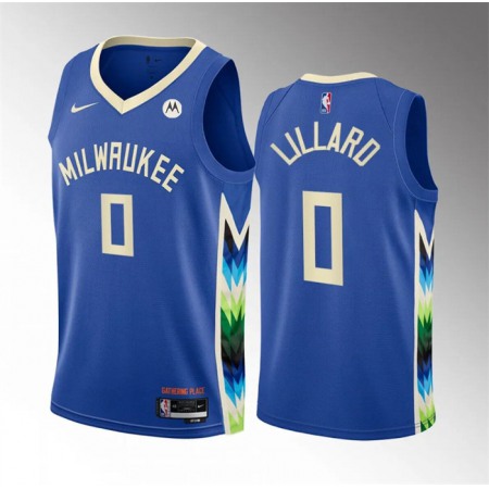 Men's Milwaukee Bucks #0 Damian Lillard Blue 2022-23 City Edition Stitched Basketball Jersey