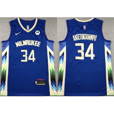 Men's Milwaukee Bucks #34 Giannis Antetokounmpo 2022-23 Blue City Edition Stitched Basketball Jersey