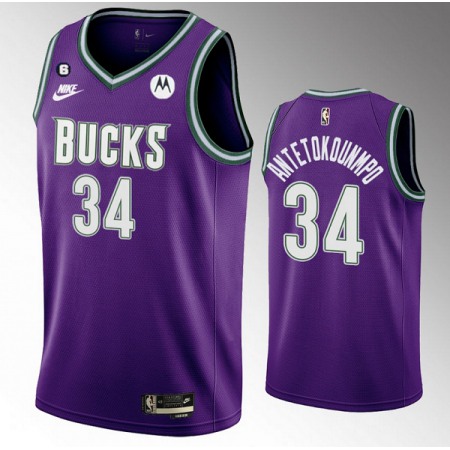 Men's Milwaukee Bucks #34 Giannis Antetokounmpo 2022/23 Purple Classic Edition Swingman With No.6 Patch Stitched Basketball Jersey