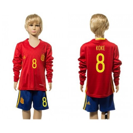 Spain #8 Koke Red Home Long Sleeves Kid Soccer Country Jersey