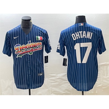 Men's Los Angeles Dodgers #17 Shohei Ohtani Navy Cool Base With Patch Stitched Baseball Jersey