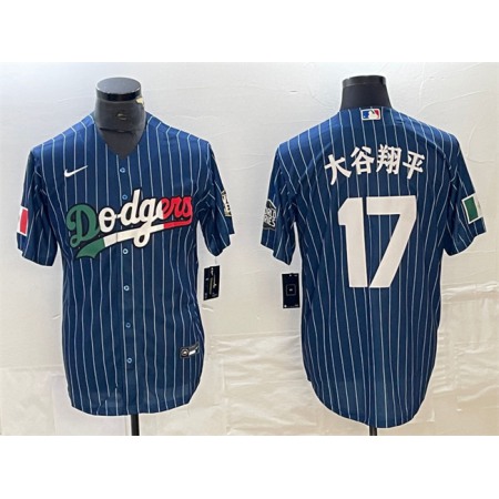 Men's Los Angeles Dodgers #17 Shohei Ohtani Navy Cool Base With Patch Stitched Baseball Jersey