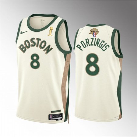 Men's Boston Celtics #8 Kristaps Porzingis 2024 Finals Champions City Edition Stitched Basketball Jersey