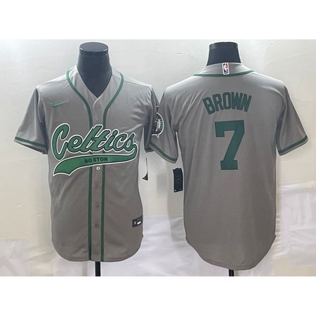 Men's Boston Celtics #7 Jaylen Brown Gray Stitched Baseball Jersey