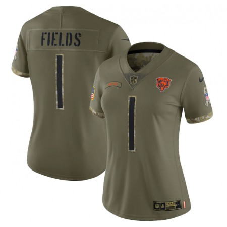 Women's Chicago Bears #1 Justin Fields 2022 Olive Salute To Service Limited Stitched Jersey(Run Small)