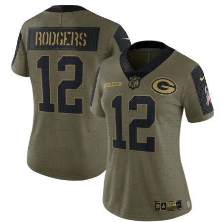 Women's Green Bay Packers #12 Aaron Rodgers 2021 Olive Salute To Service Limited Stitched Jersey(Run Small)