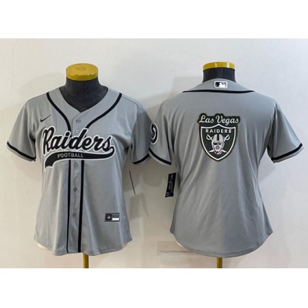 Women's Las Vegas Raiders Grey Team Big Logo With Patch Cool Base Stitched Baseball Jersey(Run Small)