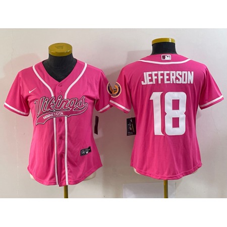 Women's Minnesota Vikings #18 Justin Jefferson Pink With Patch Cool Base Stitched Baseball Jersey(Run Small)