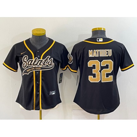 Women's New Orleans Saints #32 Tyrann Mathieu Black With Patch Cool Base Stitched Baseball Jersey(Run Small)