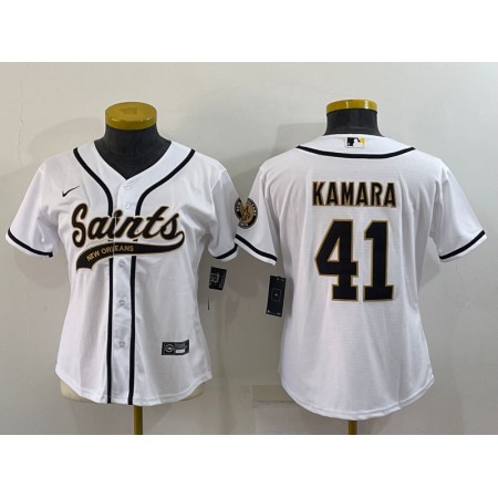 Women's New Orleans Saints #41 Alvin Kamara White With Patch Cool Base Stitched Baseball Jersey(Run Small)