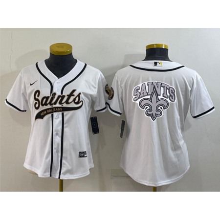 Women's New Orleans Saints White Team Big Logo With Patch Cool Base Stitched Baseball Jersey(Run Small)