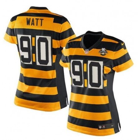 Women's Pittsburgh Steelers #90 T. J. Watt Yellow/Black Alternate 80TH Anniversary Throwback Stitched Jersey(Run Small)