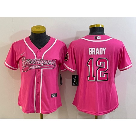 Women's Tampa Bay Buccaneers #12 Tom Brady Pink With Patch Cool Base Stitched Baseball Jersey(Run Small)