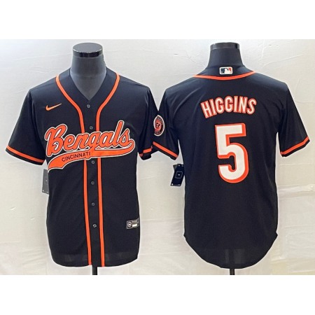 Men's Cincinnati Bengals #5 Tee Higgins Black With Patch Cool Base Stitched Baseball Jersey