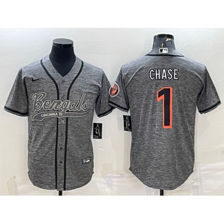 Men's Cincinnati Bengals #1 Ja'Marr Chase Grey With Patch Cool Base Stitched Baseball Jersey