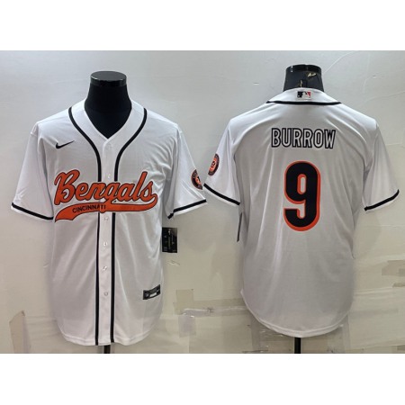 Men's Cincinnati Bengals #9 Joe Burrow White With Patch Cool Base Stitched Baseball Jersey