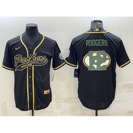 Men's Green Bay Packers #12 Aaron Rodgers Black Team Big Logo With Patch Cool Base Stitched Baseball Jersey