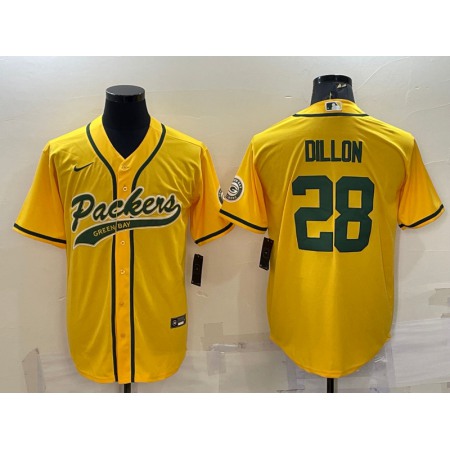 Men's Green Bay Packers #28 A.J. Dillon Gold With Patch Cool Base Stitched Baseball Jersey