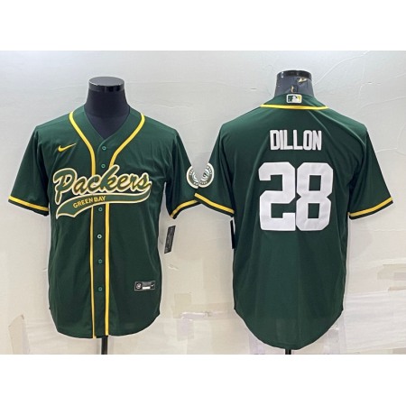 Men's Green Bay Packers #28 A.J. Dillon Green With Patch Cool Base Stitched Baseball Jersey