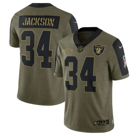 Men's Las Vegas Raiders #34 Bo Jackson 2021 Olive Salute To Service Limited Stitched Jersey