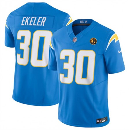 Men's Los Angeles Chargers #30 Austin Ekeler Light Blue 2023 F.U.S.E. With John Madden Patch Vapor Limited Stitched Football Jersey
