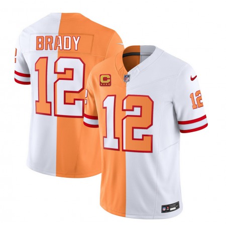 Men's Tampa Bay Buccaneers #12 Tom Brady 2023 F.U.S.E. White/Orange With 4-Star C Patch Split Throwback Limited Stitched Jersey