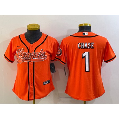 Youth Cincinnati Bengals #1 Ja'Marr Chase Orange With Patch Cool Base Stitched Baseball Jersey