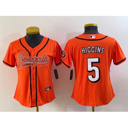 Youth Cincinnati Bengals #5 Tee Higgins Orange With Patch Cool Base Stitched Baseball Jersey