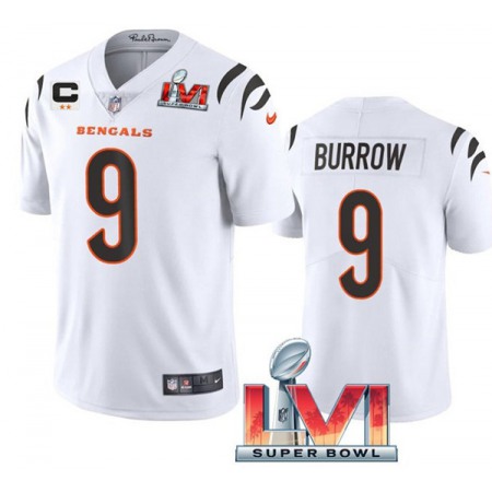 Youth Cincinnati Bengals #9 Joe Burrow 2022 White With C Patch Super Bowl LVI Vapor Limited Stitched Jersey