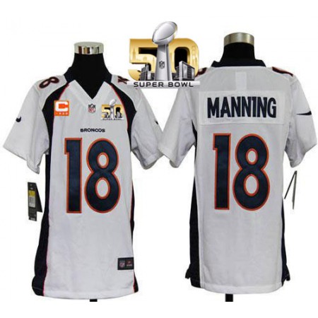 Nike Broncos #18 Peyton Manning White With C Patch Super Bowl 50 Youth Stitched NFL Elite Jersey