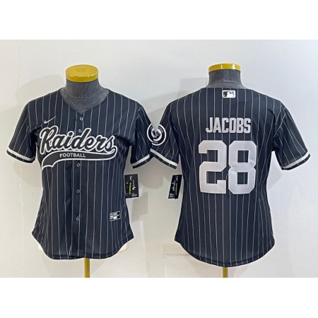 Youth Las Vegas Raiders #28 Josh Jacobs Black With Patch Cool Base Stitched Baseball Jersey