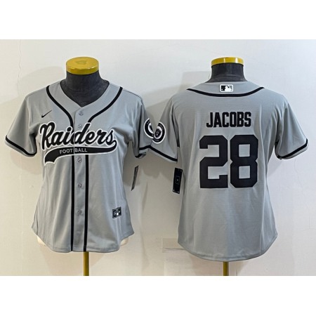 Youth Las Vegas Raiders #28 Josh Jacobs Grey With Patch Cool Base Stitched Baseball Jersey
