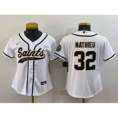 Youth New Orleans Saints #32 Tyrann Mathieu White With Patch Cool Base Stitched Baseball Jersey