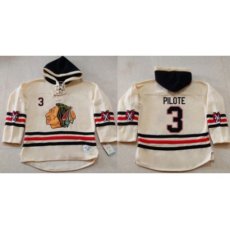 Blackhawks #3 Pierre Pilote Cream Heavyweight Pullover Hoodie Stitched NHL Jersey