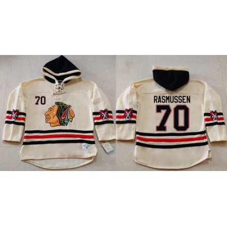 Blackhawks #70 Dennis Rasmussen Cream Heavyweight Pullover Hoodie Stitched NHL Jersey