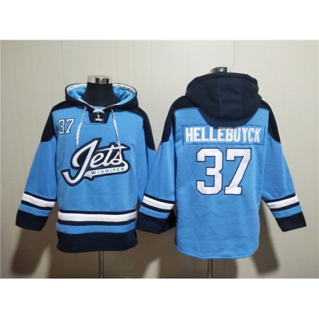 Men's Winnipeg Jets #37 Connor Hellebuyck Blue Lace-Up Pullover Hoodie