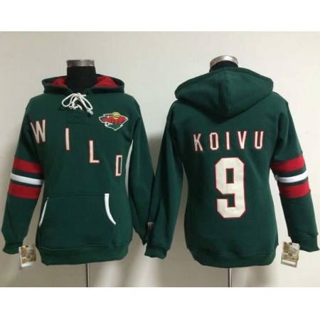 Minnesota Wild #9 Mikko Koivu Green Women's Old Time Heidi NHL Hoodie