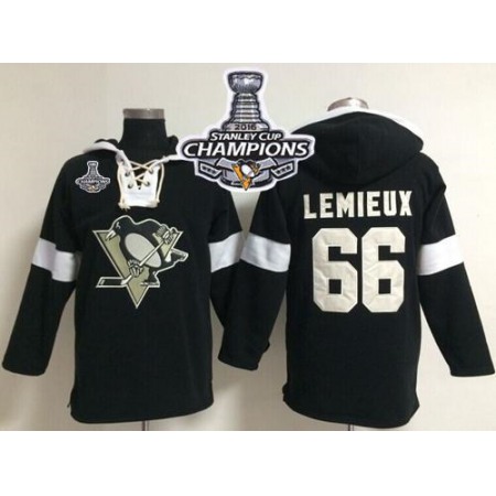 Penguins #66 Mario Lemieux Black 2016 Stanley Cup Champions NHL Pullover Hoodie