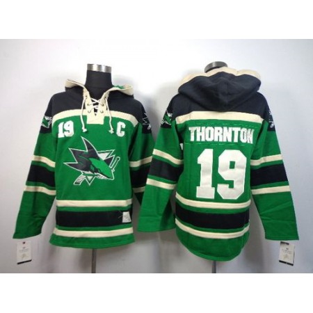 Sharks #19 Joe Thornton Green St. Patrick's Day McNary Lace Hoodie Stitched NHL Jersey